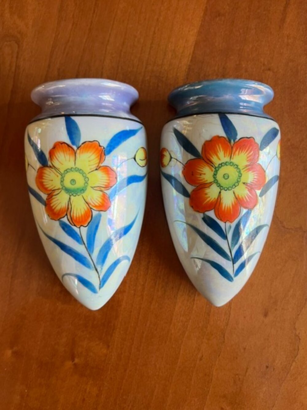 VTG Hand Painted Lusterware  Made in Japan  Floral Wall Pockets Vases (2)